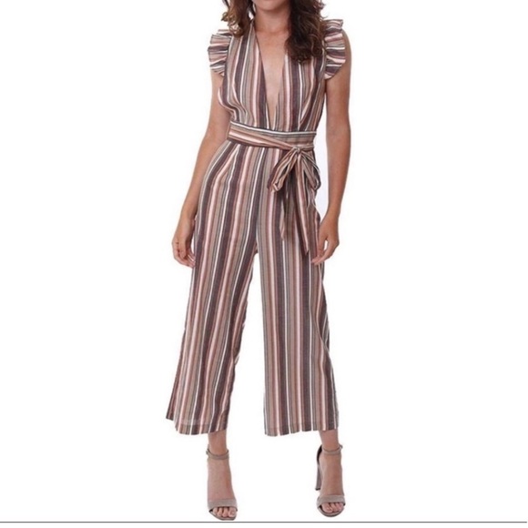 New Storia Multi Striped Crop Cut Out Back Ruffle Jumpsuit Size Small New - Picture 10 of 10